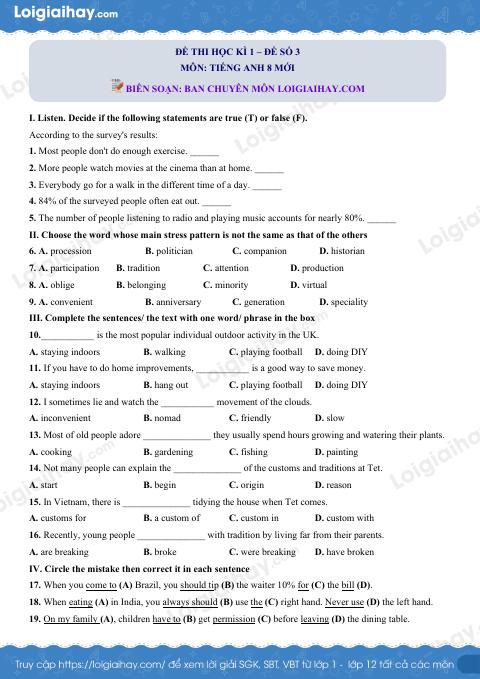 Đề số 3 - Đề kiểm tra học kì 1 - Tiếng Anh 8 mới